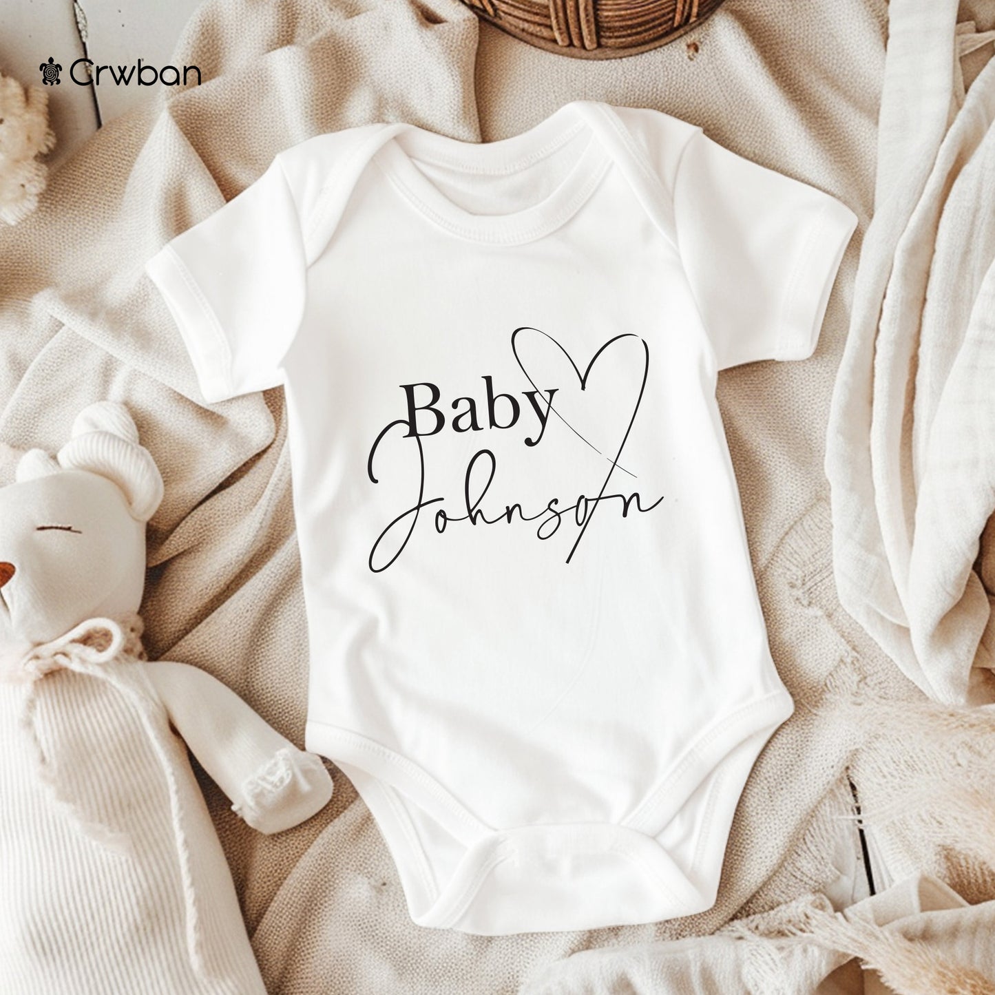 Personalised Baby Sketch Heart with Surname Pregnancy Announcement Unisex White Babygrow Bodysuit Gift Baby Shower