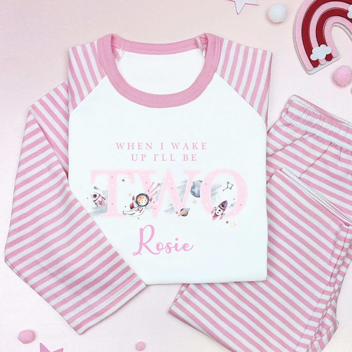 Pink Space Girl When I Wake Up Any Age Personalised Kids Outfit, Birthday Morning Set, Custom Name Cotton Clothing Set, Tight-fitting style