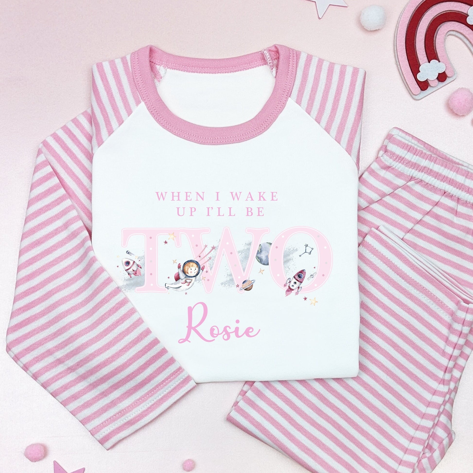 Pink Space Girl When I Wake Up Any Age Personalised Kids Outfit, Birthday Morning Set, Custom Name Cotton Clothing Set, Tight-fitting style