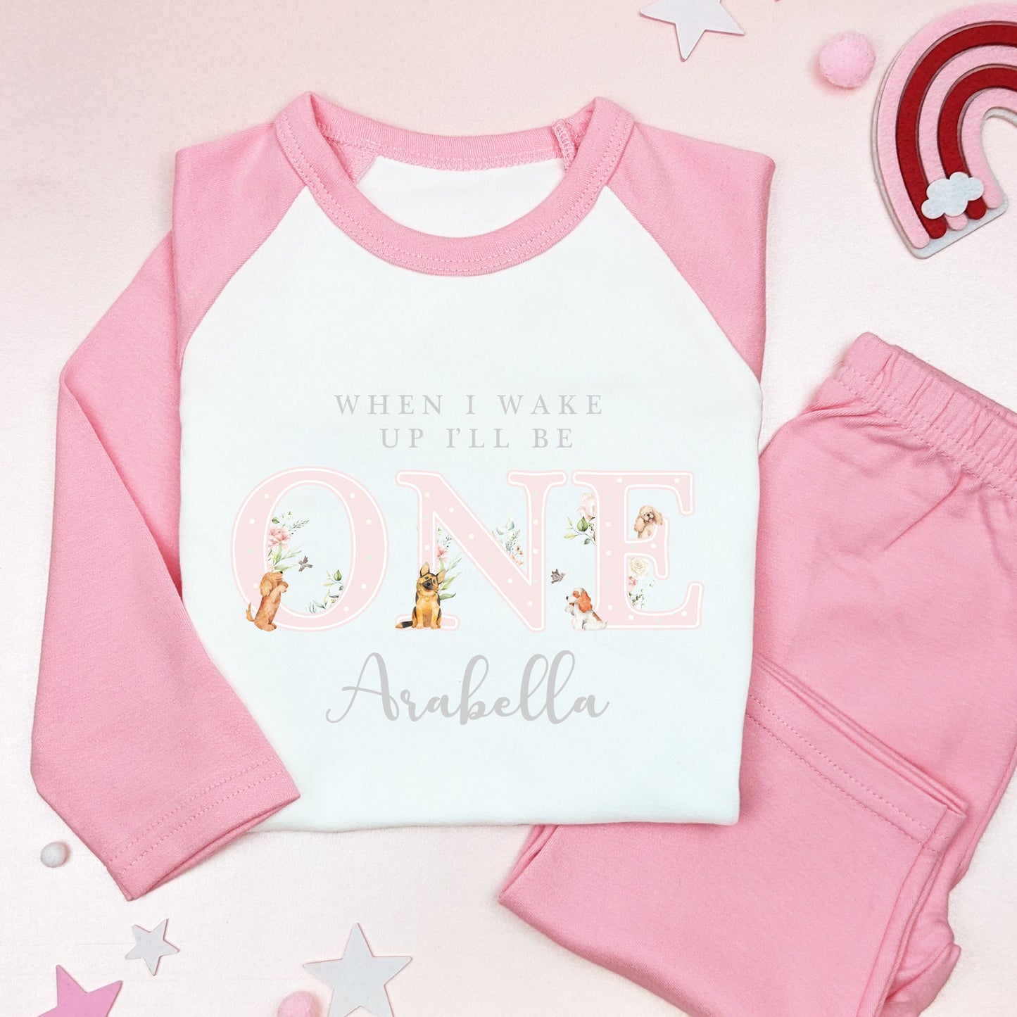 Personalised Pink Flowers Dog Birthday Pyjamas Any Age Pj's Gift Set, Child Toddler Baby, Doggy Party Gift, Nightwear, Birthday Girl outfit