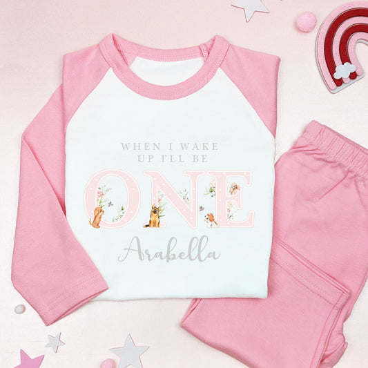 Personalised Pink Flowers Dog Birthday Pyjamas Any Age Pj's Gift Set, Child Toddler Baby, Doggy Party Gift, Nightwear, Birthday Girl outfit