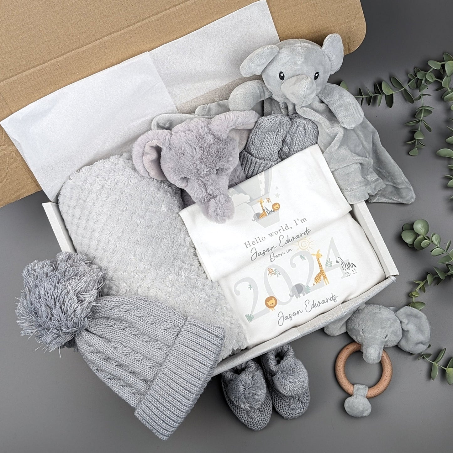 Luxury Elephant Grey Safari Baby Gift Set | Baby Shower Gift | Baby Sleepsuit | Baby Gift | Newborn Girl Boy | New Baby Gift | Newborn Baby