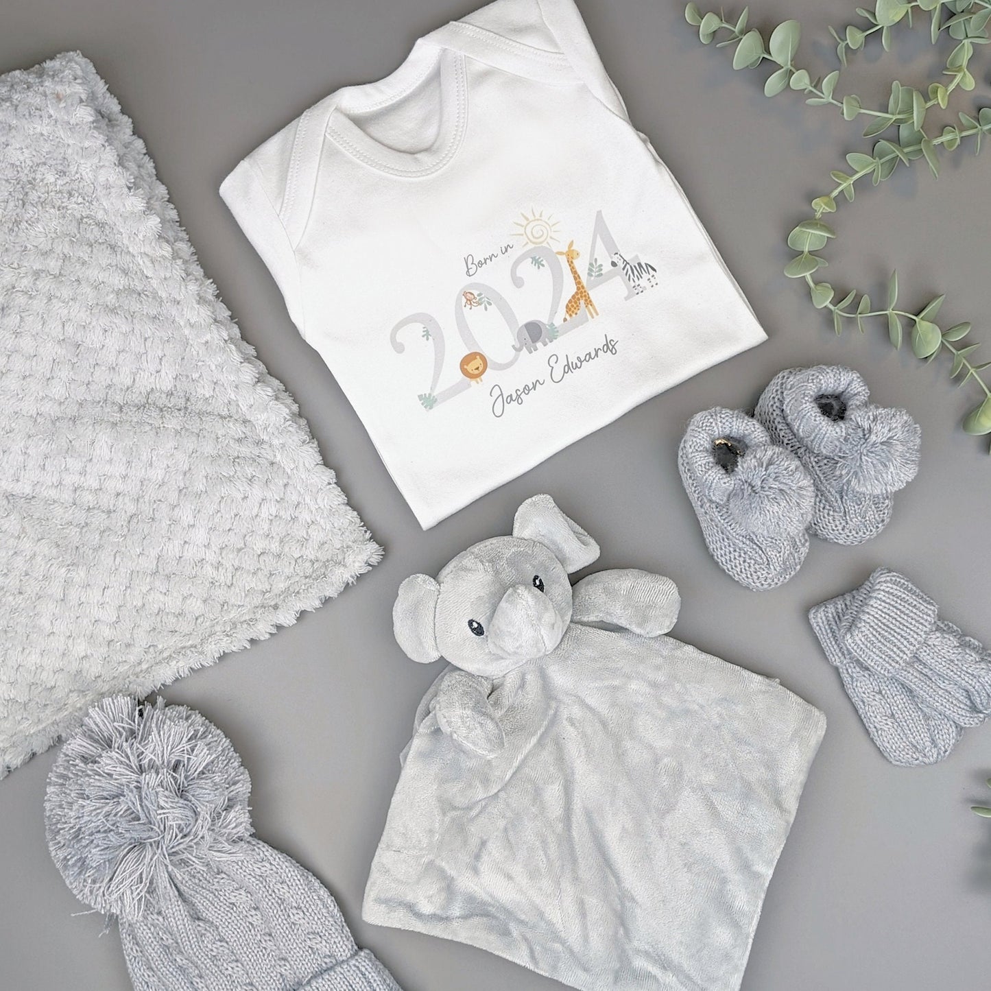 Cwtch Elephant Grey Safari Baby Gift Set | Baby Shower Gift | Baby Sleepsuit | Baby Gift | Newborn Girl Boy | New Baby Gift | Newborn Baby