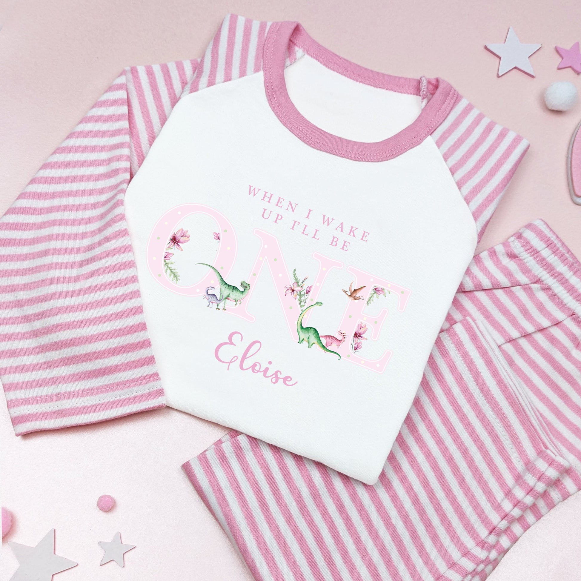 Watercolour Pink Flower Dinosaur Any Age Personalised Kids Outfit, Birthday Morning Set, Custom Name Cotton Clothing Set Tight-fitting style