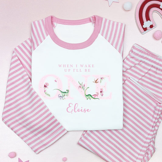 Watercolour Pink Flower Dinosaur Personalised Birthday Girl Pyjamas When I Wake Up I'll Be One Birthday 1st Birthday Gift