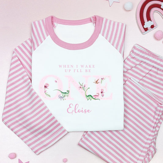 Watercolour Pink Flower Dinosaur Any Age Personalised Kids Outfit, Birthday Morning Set, Custom Name Cotton Clothing Set Tight-fitting style
