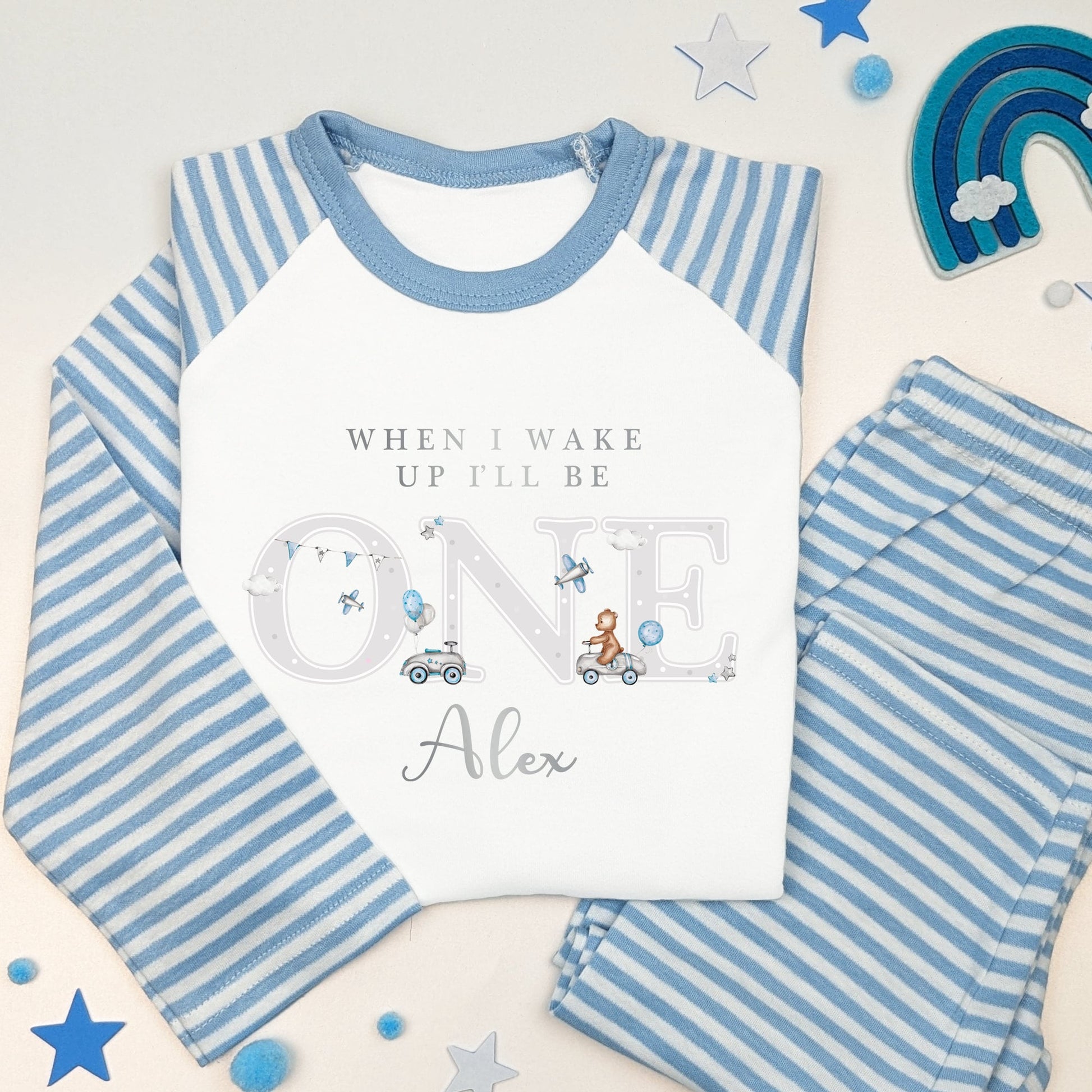 Blue & Grey Teddy with Cars and Airplanes Personalised Kids Outfit, Birthday Morning, Custom Name Cotton Clothing Set, Tight-fitting style