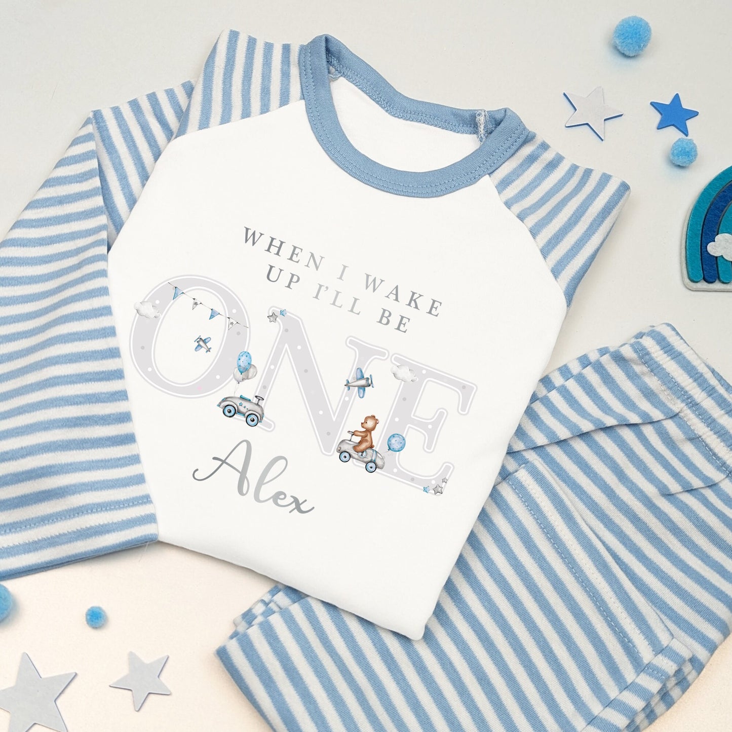 Personalised Blue & Grey Teddy with Cars and Airplanes Birthday Pyjamas Any Age Pj's Gift Set Child Toddler Baby Party Gift Nightwear