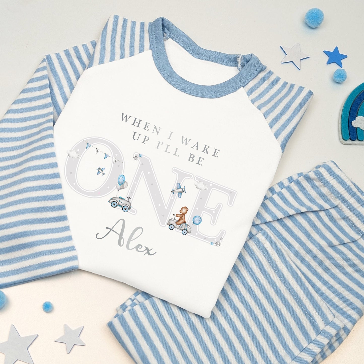 Blue & Grey Teddy with Cars and Airplanes Personalised Kids Outfit, Birthday Morning, Custom Name Cotton Clothing Set, Tight-fitting style