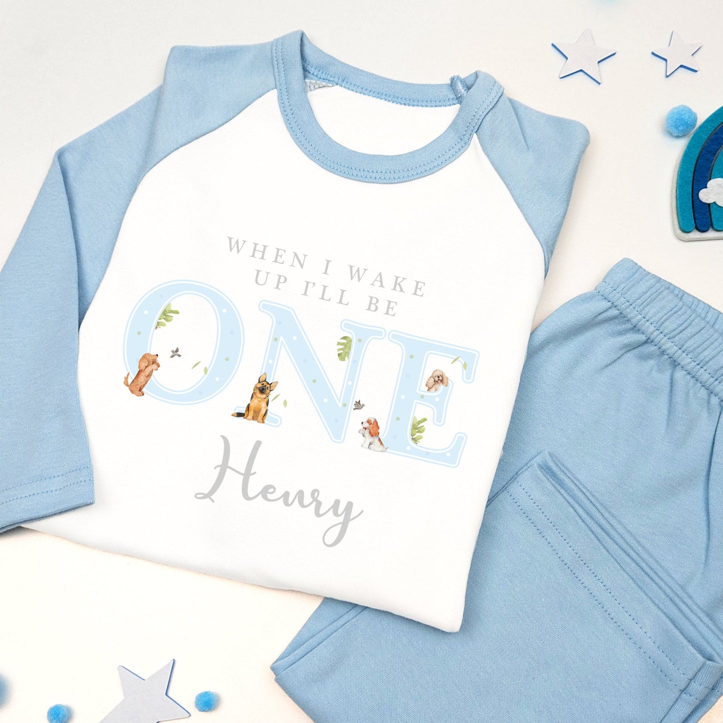 Personalised Blue Dog Birthday Pyjamas Any Age Pj's Gift Set, Child Toddler Baby, Doggy Party Gift, Nightwear, Birthday Boy outfit