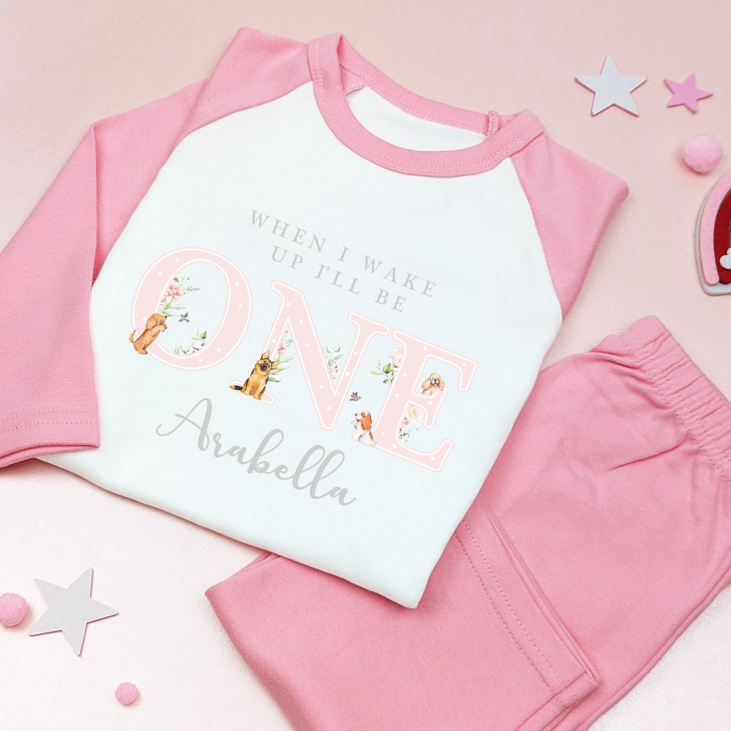 Personalised Pink Flowers Dog Birthday Pyjamas Any Age Pj's Gift Set, Child Toddler Baby, Doggy Party Gift, Nightwear, Birthday Girl outfit