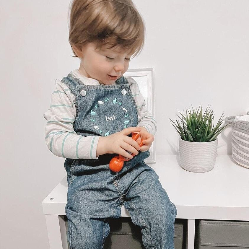 Personalised Dinosaur Embroidered Children's Denim Dungarees, Kids Overalls Children's Clothing Custom Name, Birthday Gift