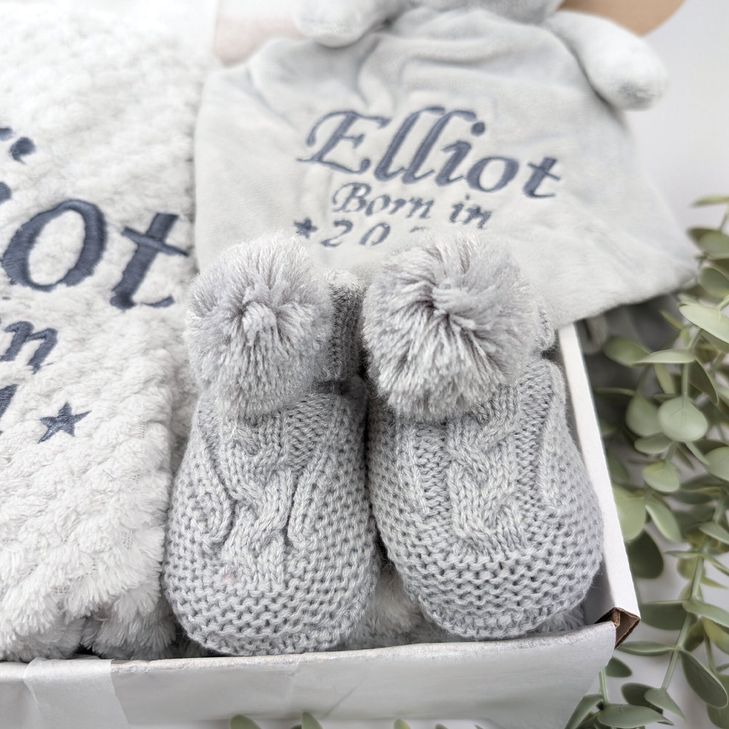 Embroidered Elephant Comforter Blanket Gift Set | Baby Shower Gift | Baby Booties | Baby Gift | Newborn Girl Boy | Newborn Baby Gift