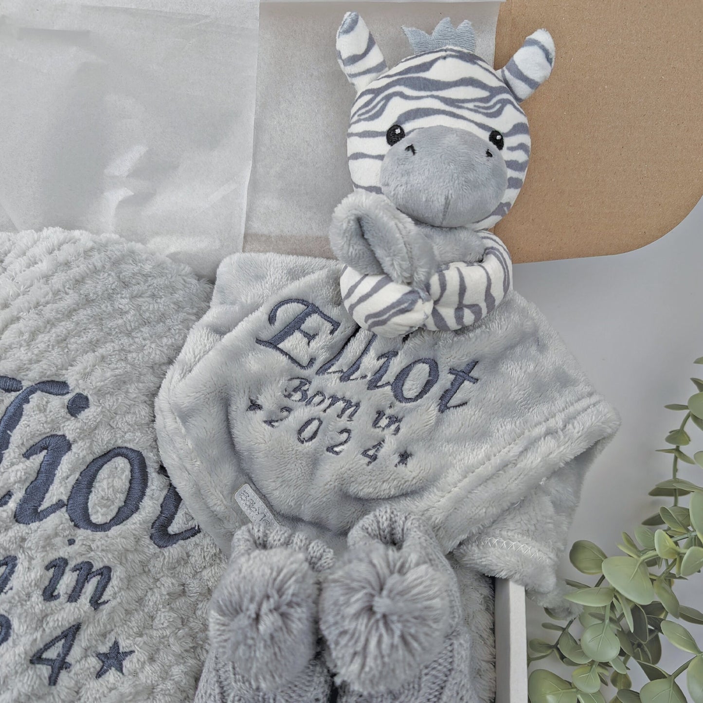 Embroidered Zebra Comforter Blanket Gift Set | Baby Shower Gift | Baby Booties | Baby Gift | Newborn Girl Boy | Newborn Baby Gift