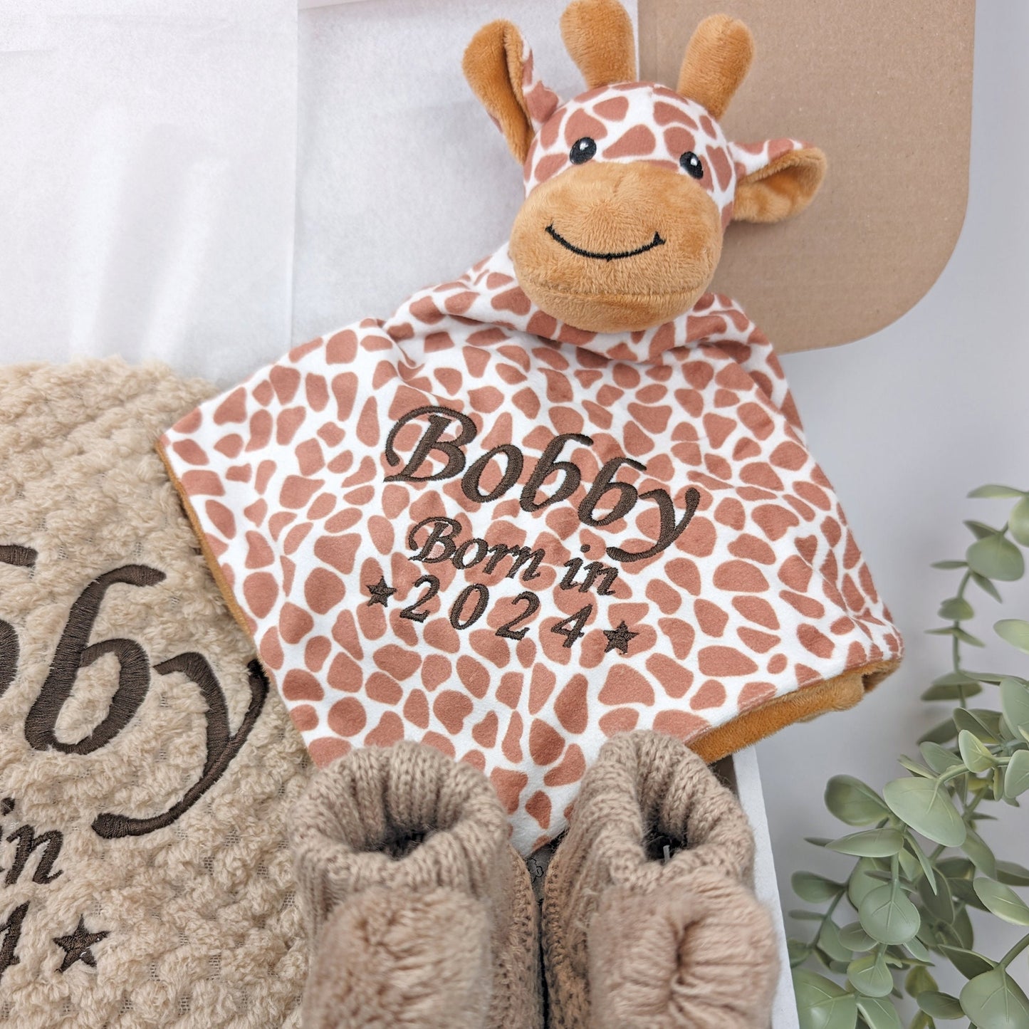 Embroidered Giraffe Comforter Blanket Gift Set | Baby Shower Gift | Baby Booties | Baby Gift | Newborn Girl Boy | Newborn Baby Gift