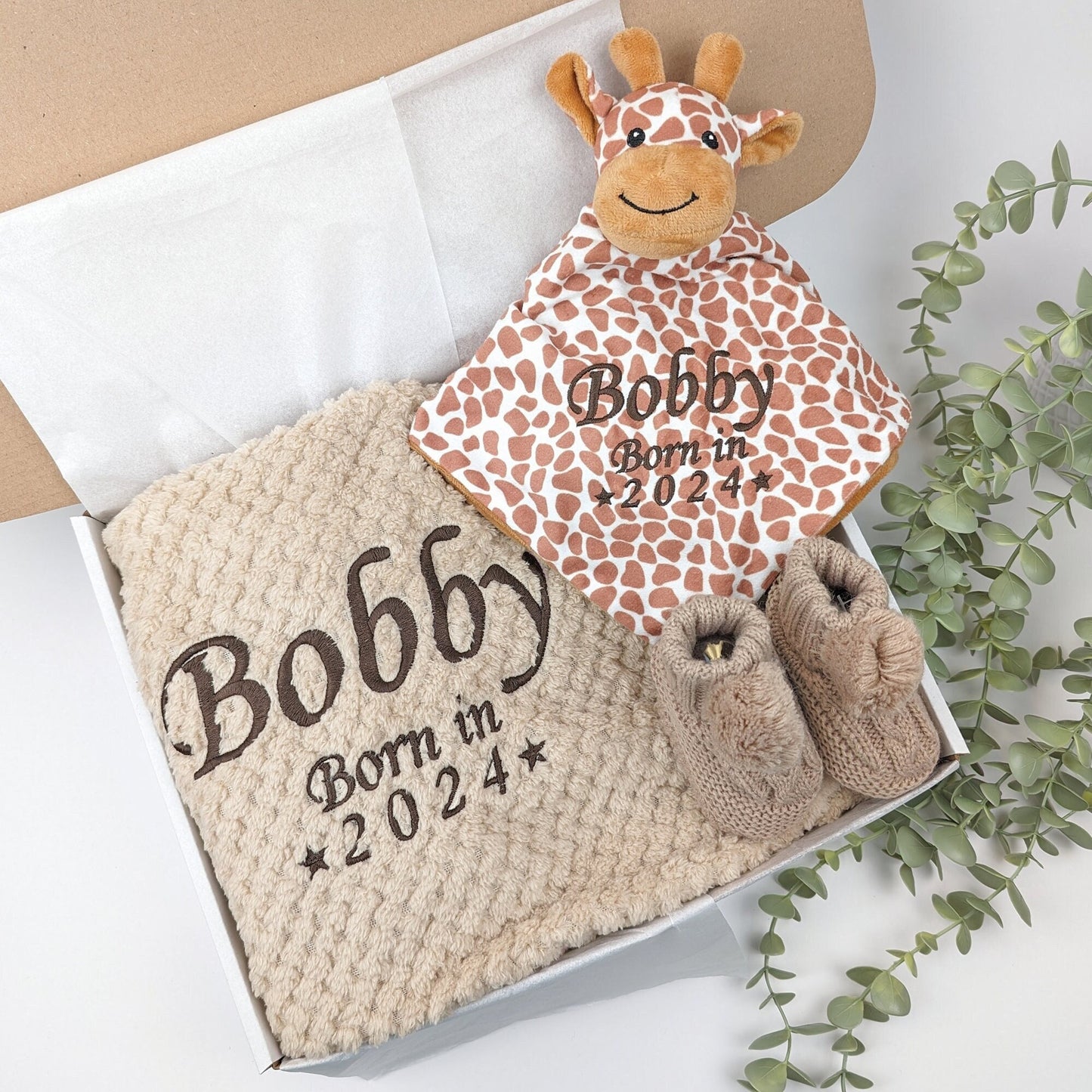 Embroidered Giraffe Comforter Blanket Gift Set | Baby Shower Gift | Baby Booties | Baby Gift | Newborn Girl Boy | Newborn Baby Gift