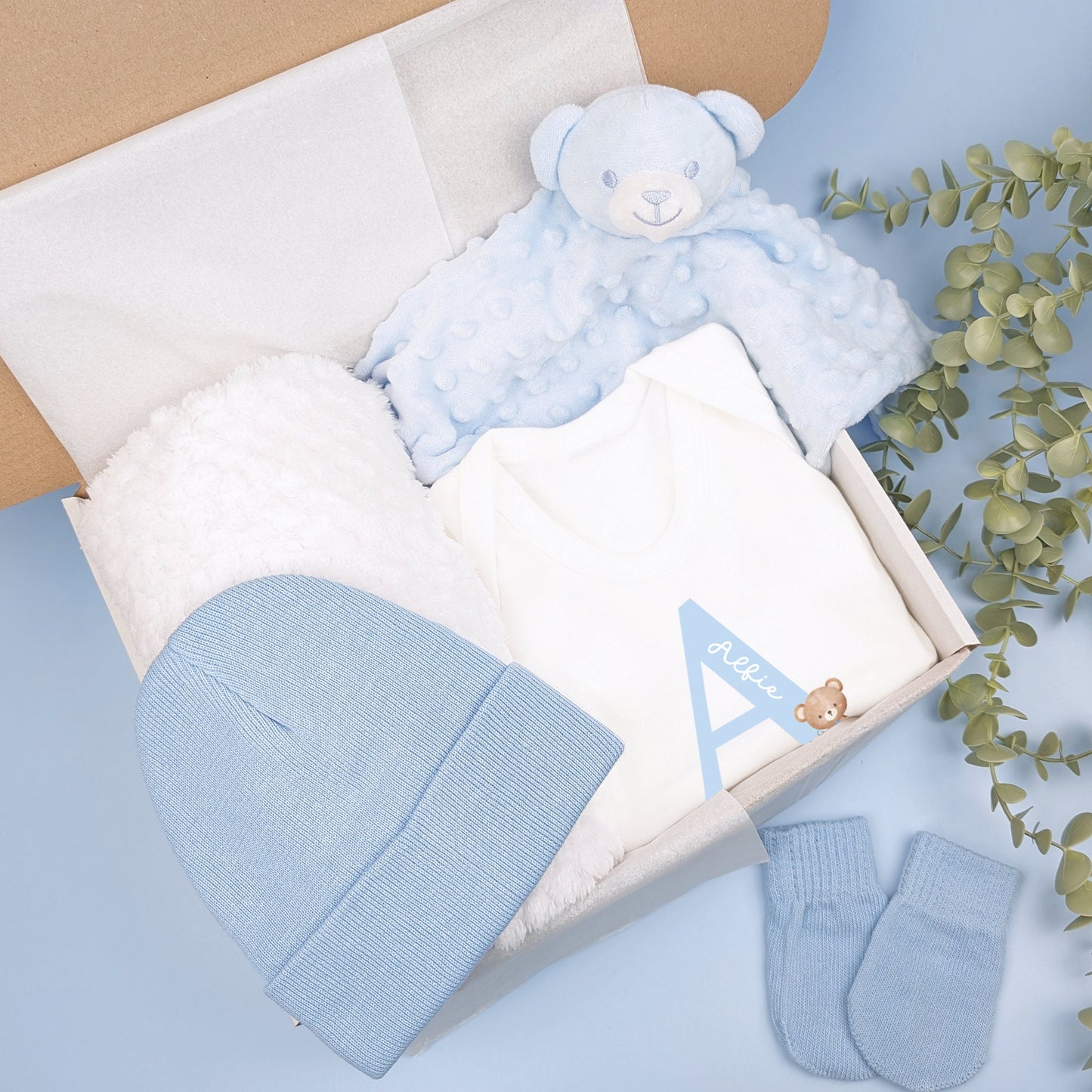 Newborn Blue Teddy Initial Personalised Coming Home Gift Set, 5 Piece Gift Set, Baby Outfit, New Arrival, Baby Boy Hamper, Newborn Outfit