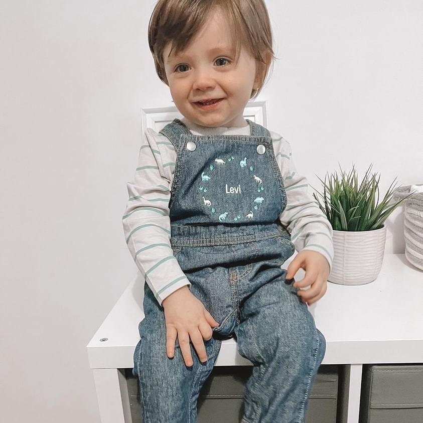 Personalised Dinosaur Embroidered Children's Denim Dungarees, Kids Overalls Children's Clothing Custom Name, Birthday Gift