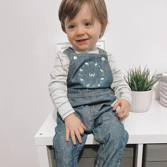 Personalised Dinosaur Embroidered Children's Denim Dungarees, Kids Overalls Children's Clothing Custom Name, Birthday Gift