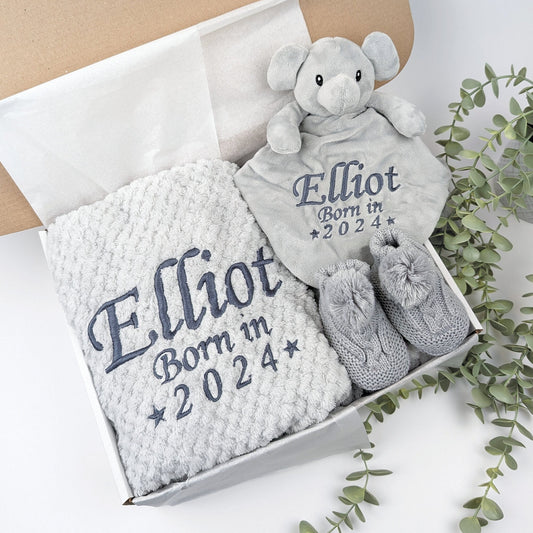 Embroidered Elephant Comforter Blanket Gift Set | Baby Shower Gift | Baby Booties | Baby Gift | Newborn Girl Boy | Newborn Baby Gift