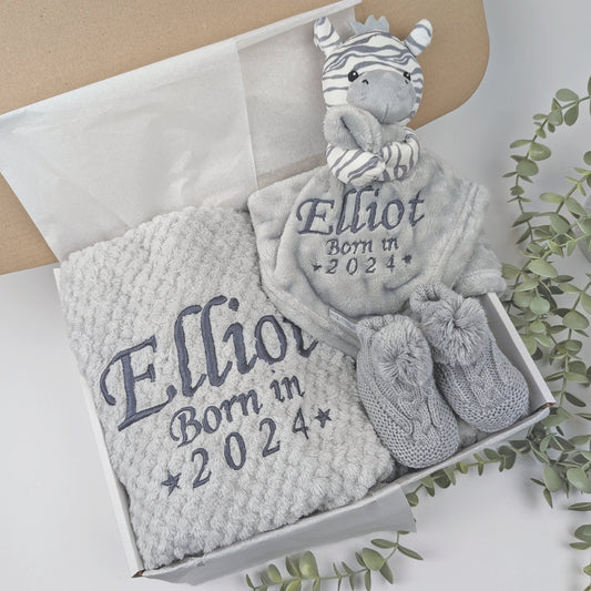 Embroidered Zebra Comforter Blanket Gift Set | Baby Shower Gift | Baby Booties | Baby Gift | Newborn Girl Boy | Newborn Baby Gift