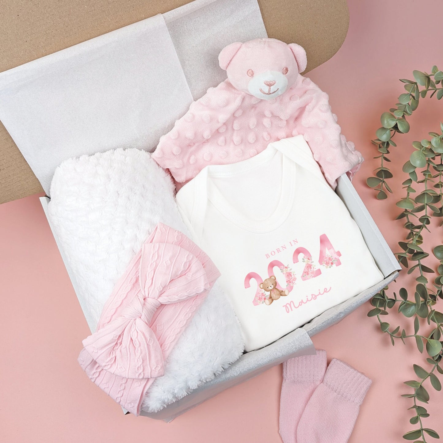 Newborn Born In Pink Teddy Personalised Coming Home Gift Set, 5 Piece Gift Set, Baby Outfit, New Arrival, Baby Girl Hamper, Newborn Outfit
