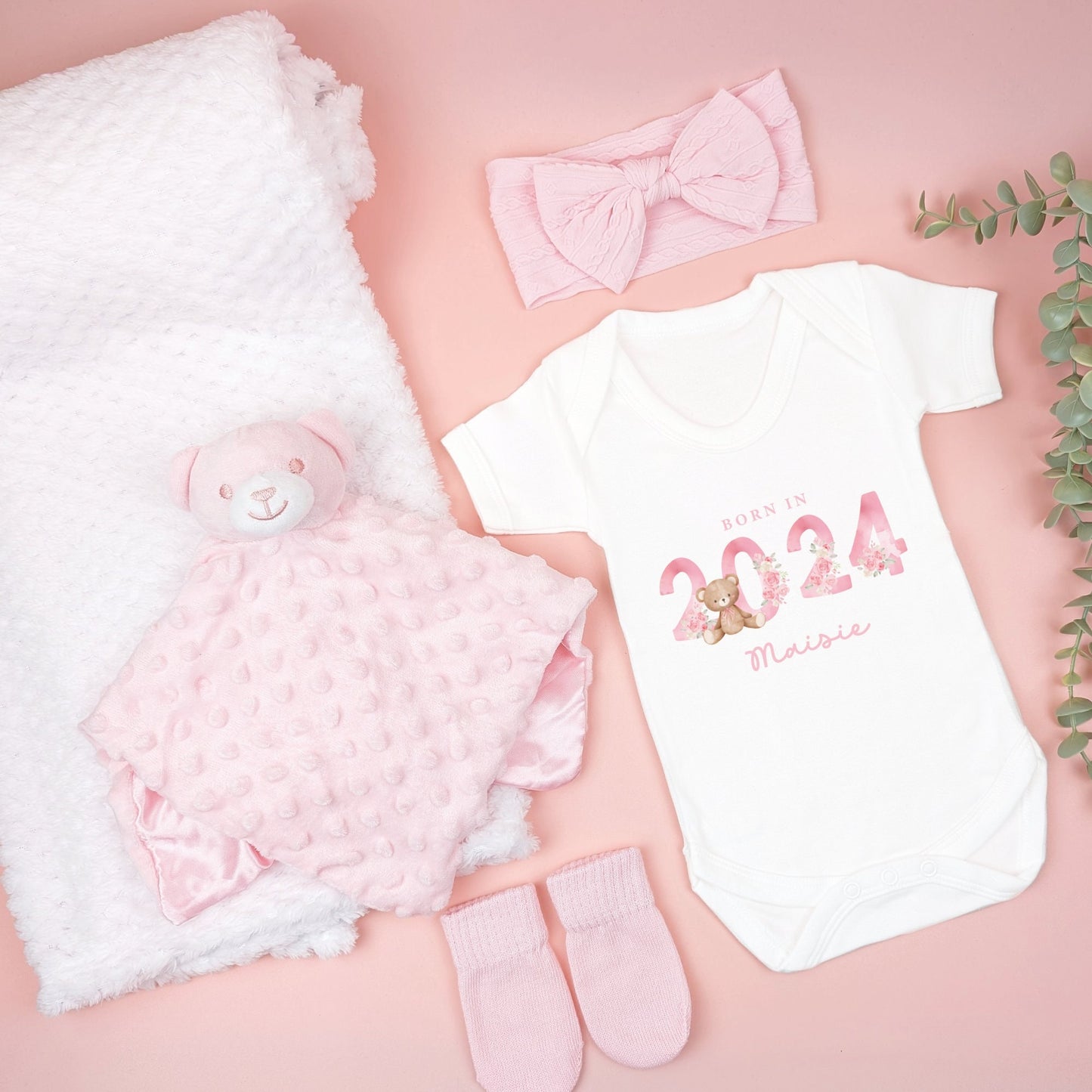 Newborn Born In Pink Teddy Personalised Coming Home Gift Set, 5 Piece Gift Set, Baby Outfit, New Arrival, Baby Girl Hamper, Newborn Outfit