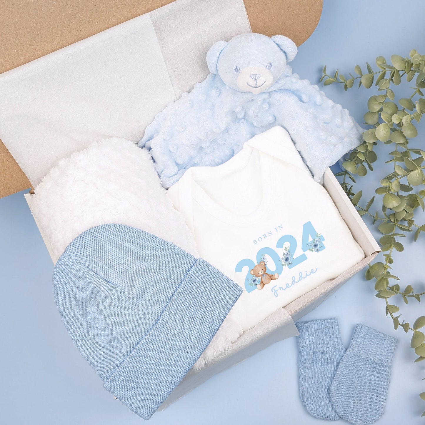 Newborn Born In Blue Teddy Personalised Coming Home Gift Set, 5 Piece Gift Set, Baby Outfit, New Arrival, Baby Boy Hamper, Newborn Outfit