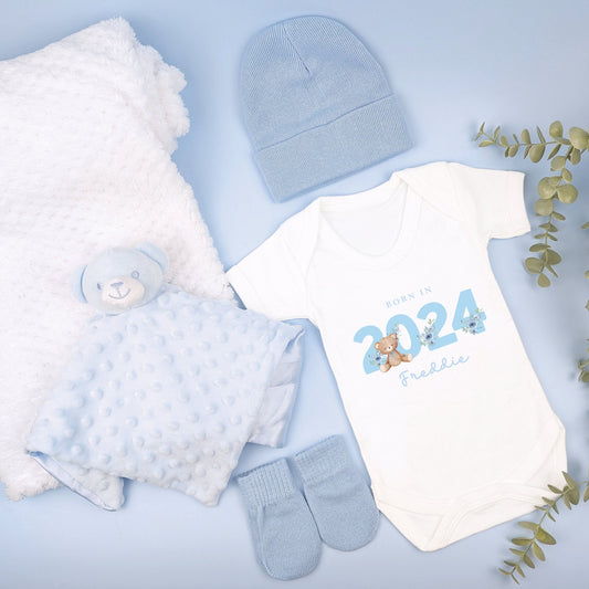 Newborn Born In Blue Teddy Personalised Coming Home Gift Set, 5 Piece Gift Set, Baby Outfit, New Arrival, Baby Boy Hamper, Newborn Outfit