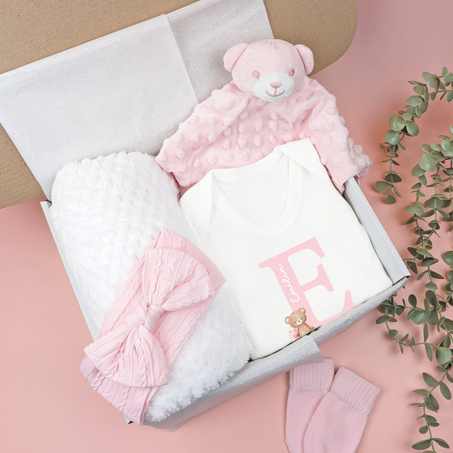 Newborn Pink Teddy Initial Personalised Coming Home Gift Set, 5 Piece Gift Set, Baby Outfit, New Arrival, Baby Girl Hamper, Newborn Outfit