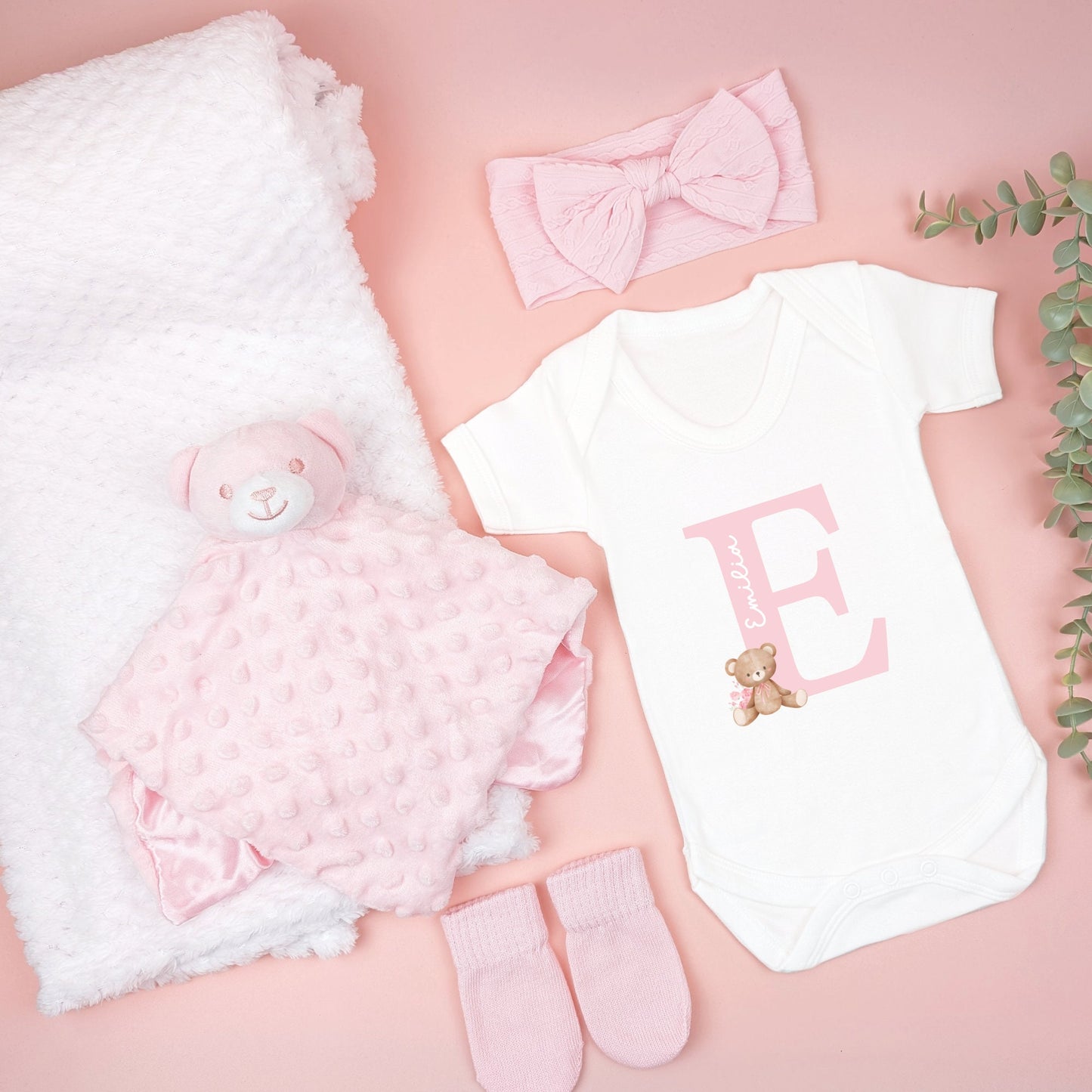 Newborn Pink Teddy Initial Personalised Coming Home Gift Set, 5 Piece Gift Set, Baby Outfit, New Arrival, Baby Girl Hamper, Newborn Outfit