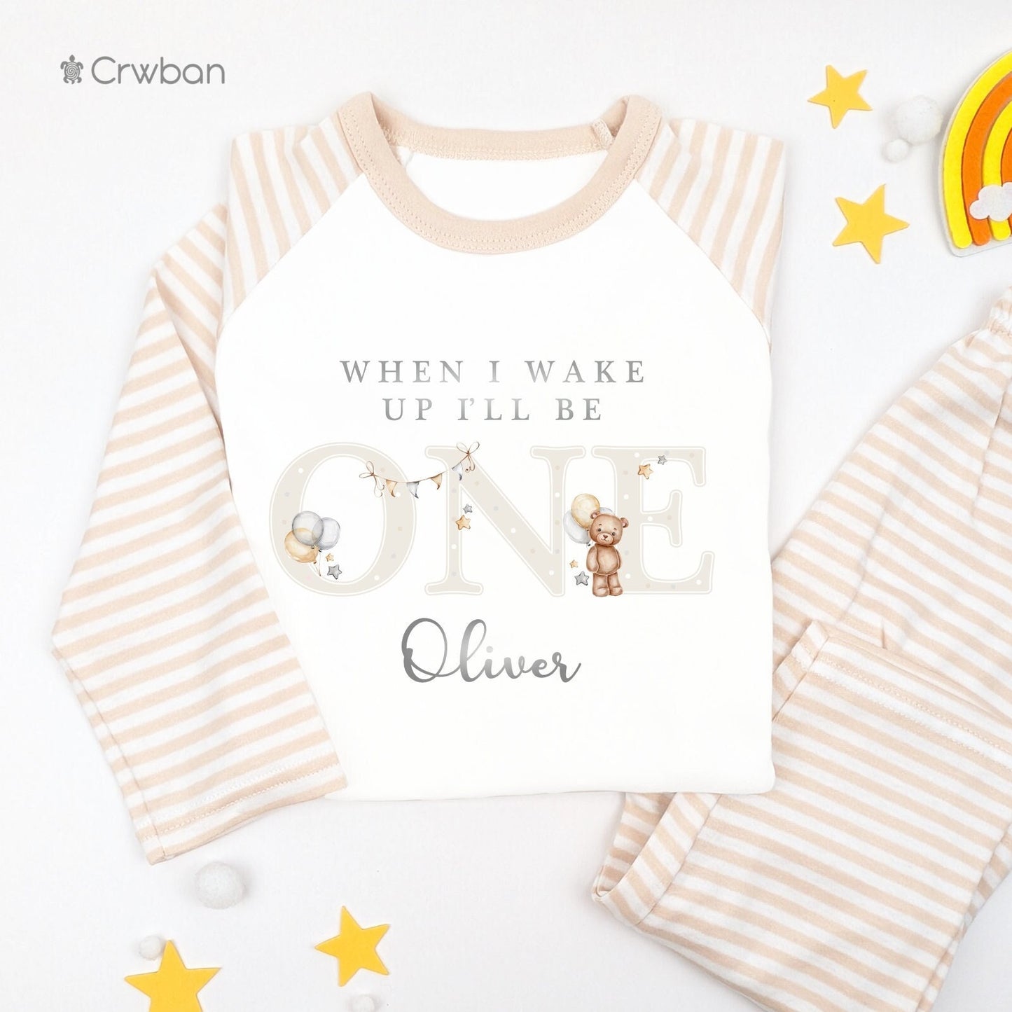 Watercolour Neutral Teddy Bear Personalised 1st 2nd 3rd Birthday Boy Girl Pyjamas When I Wake Up I'll Be Birthday, Birthday Nightwear