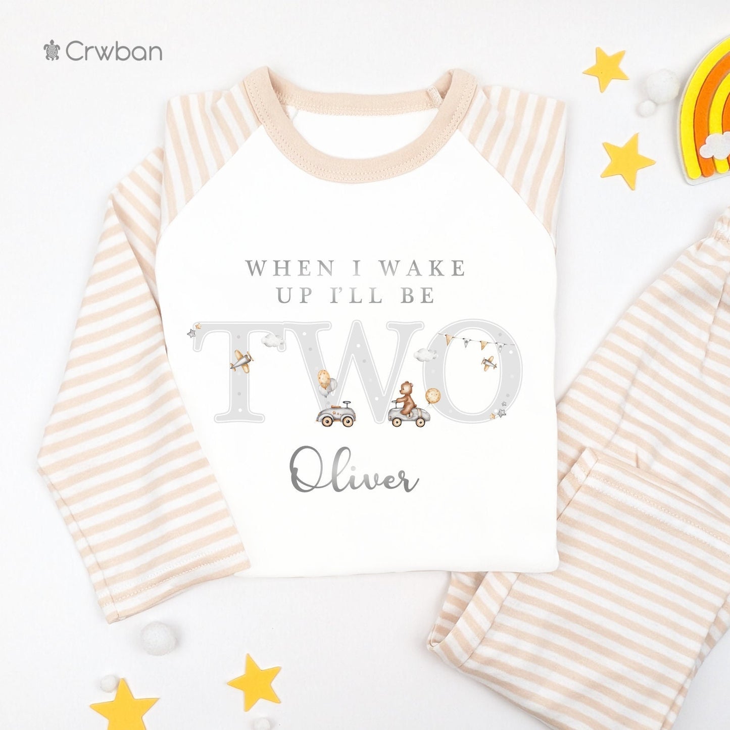 Gold & Grey Teddy with Cars Airplanes Personalised Kids Outfit, Birthday Morning Set, Custom Name Cotton Clothing Set, Tight-fitting style