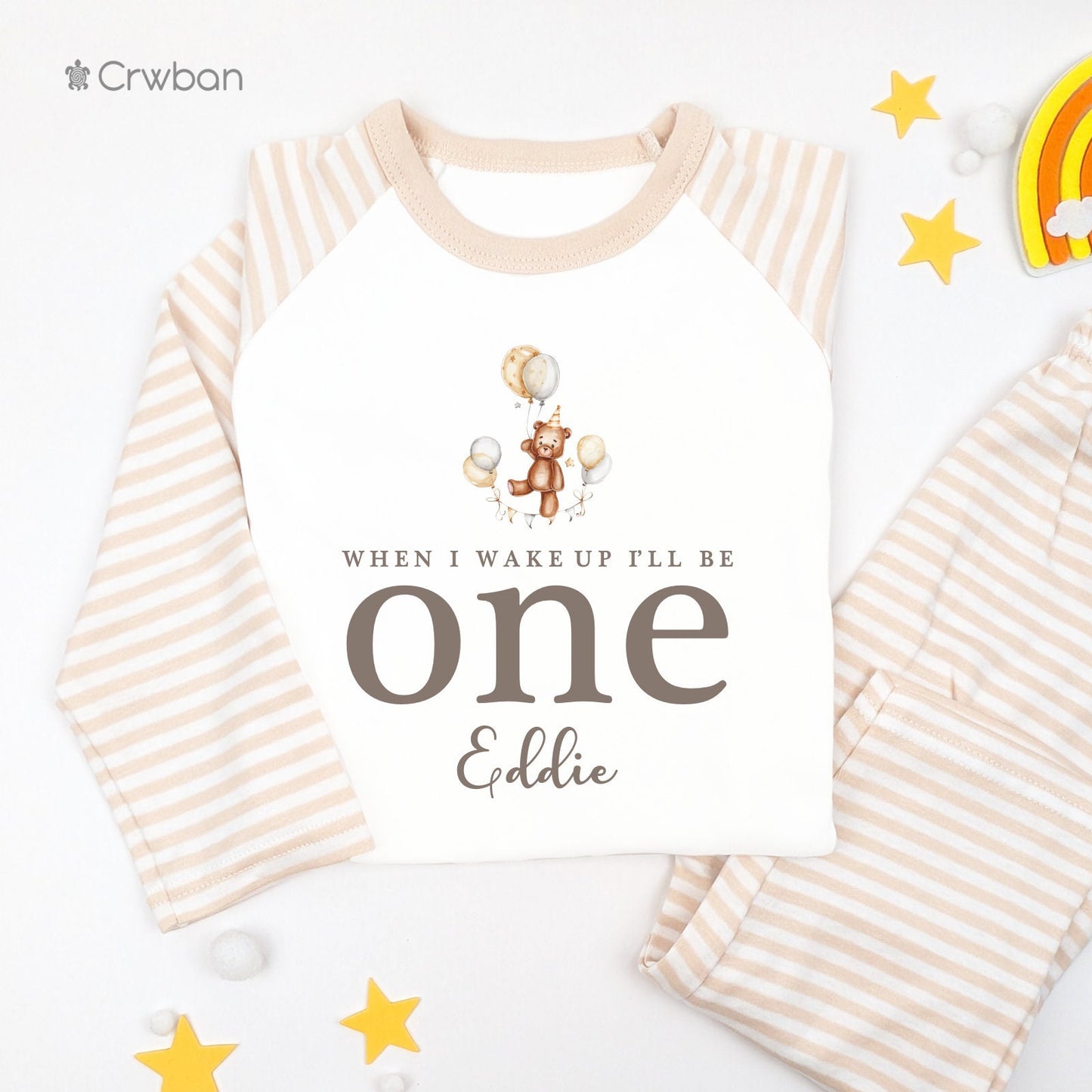 Teddy Bear 1st 2nd 3rd Birthday Pj's, Personalised Birthday, When I Wake Up Pyjamas, Natural Stripe Set, Boy Girl Any Age, Brown Print