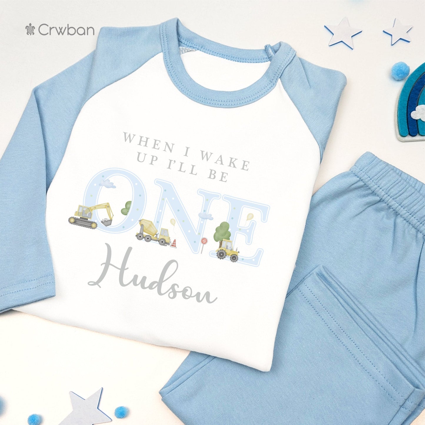 Watercolour Blue Digger Birthday Pyjamas, Personalised 1st 2nd 3rd Pyjamas, When I Wake Up I'll Be Birthday Gift, Birthday Boy, Nightwear