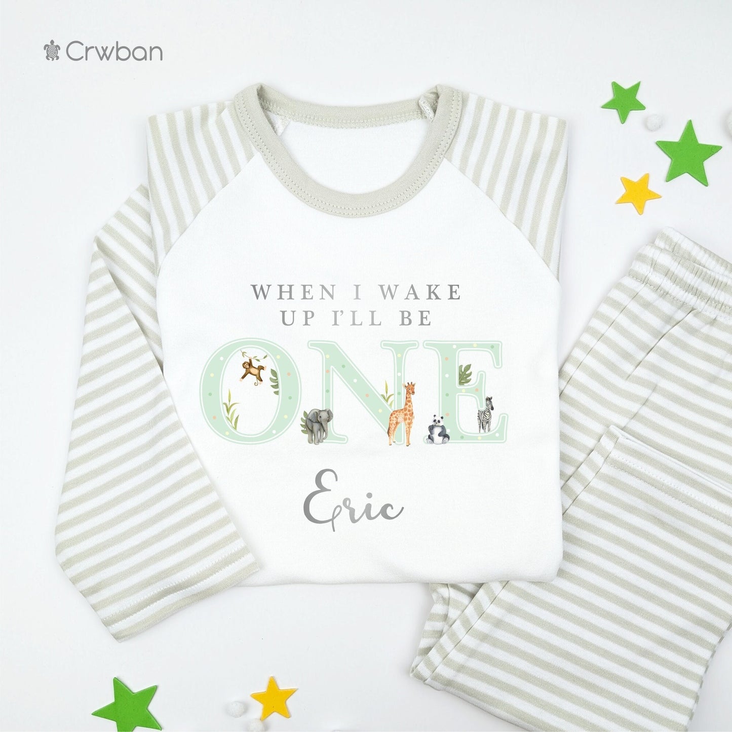 Safari Jungle Personalised Kids Outfit, Birthday Morning Set, Custom Name Cotton Clothing Set, Tight-fitting style, Metallic Silver Print