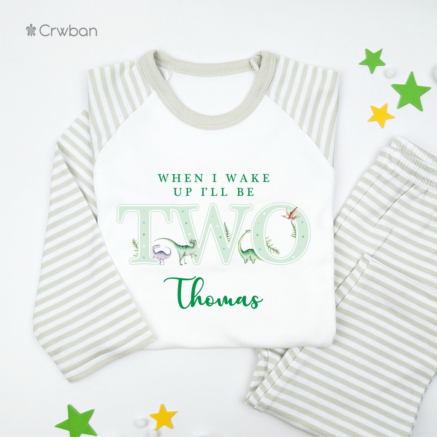 Watercolour Green Dinosaur When I Wake Up Personalised Kids Outfit, Birthday Morning Set, Custom Name Cotton Clothing, Tight-fitting style