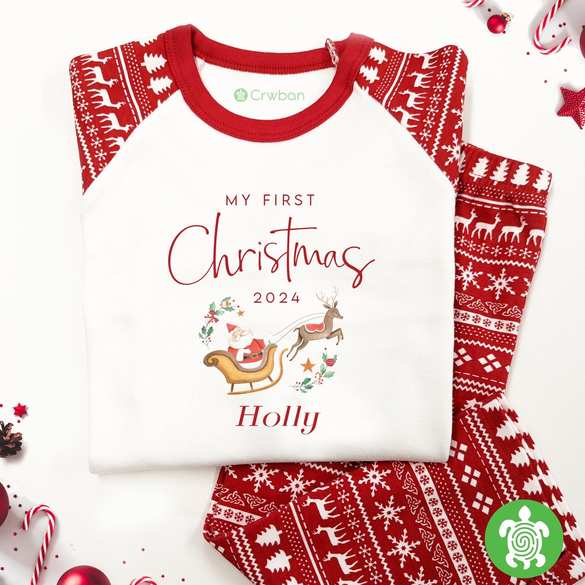 Luxury Personalised My First Christmas Santa's Sleigh, Red Festive Pattern, XMas Eve Set, Choose your Ballerina, Tight-fitting style