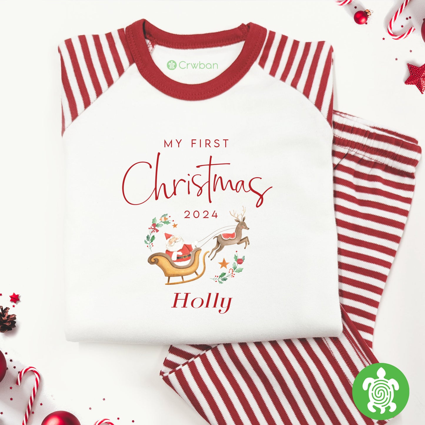 Luxury Personalised My First Christmas Santa's Sleigh, Red Festive Pattern, XMas Eve Set, Choose your Ballerina, Tight-fitting style