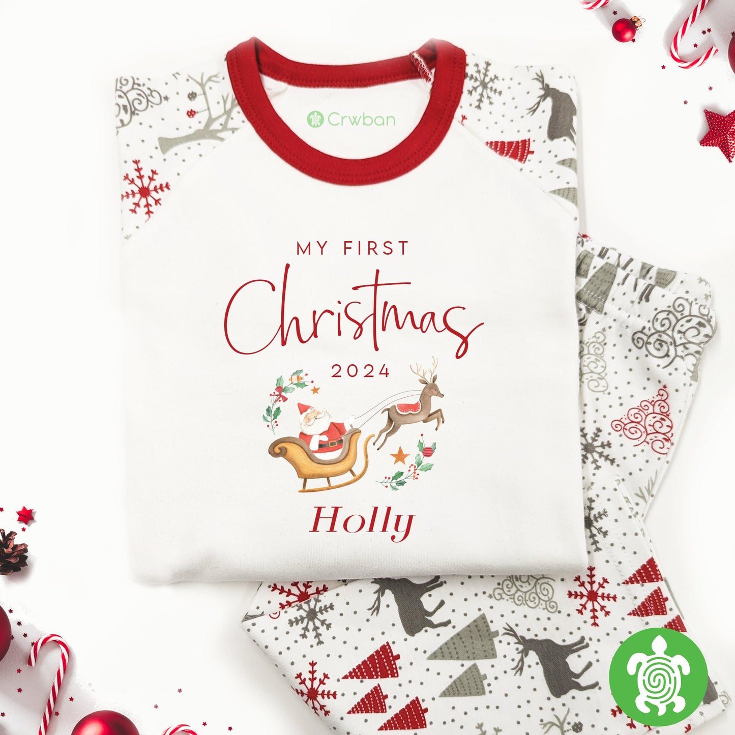Luxury Personalised My First Christmas Santa's Sleigh, Red Festive Pattern, XMas Eve Set, Choose your Ballerina, Tight-fitting style