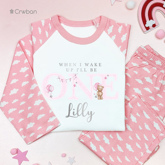 Pink Teddy Bear Personalised Any Age Birthday Girl Pyjamas When I Wake Up I'll Be Birthday, Childs Birthday Nightwear, Metallic Silver Print