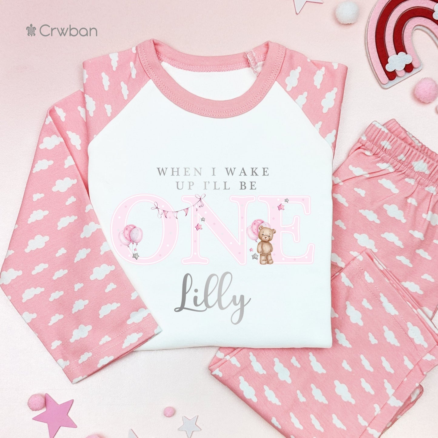 Pink Teddy Bear Metallic Silver Print Personalised Kids Outfit, Birthday Morning Set, Custom Name Cotton Clothing Set, Tight-fitting style