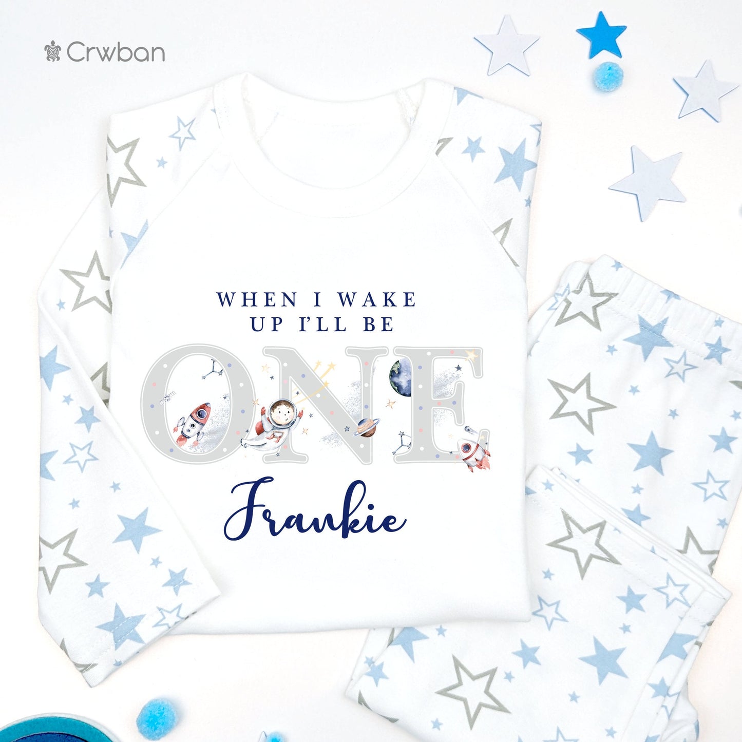 Blue Space Man Personalised Any Age Birthday Pyjamas, When I Wake Up I'll Be, Birthday Boy, Toddler Pj's, Navy Print, 1st 2nd 3rd Birthday