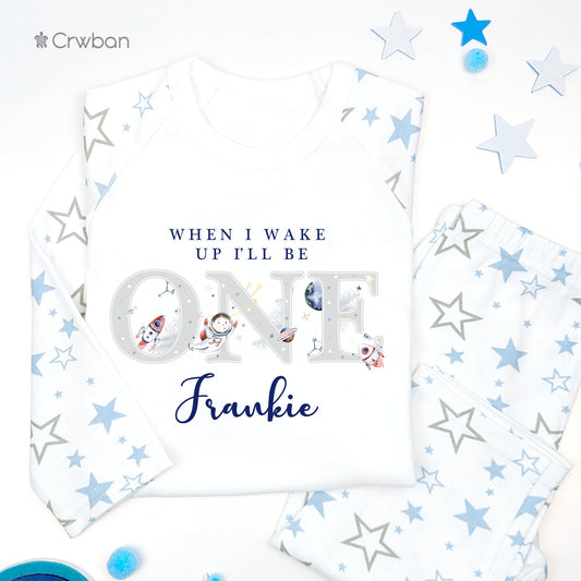 Blue Space Man When I Wake Up Any Age Personalised Kids Outfit, Birthday Morning Set, Custom Name Cotton Clothing Set, Tight-fitting style