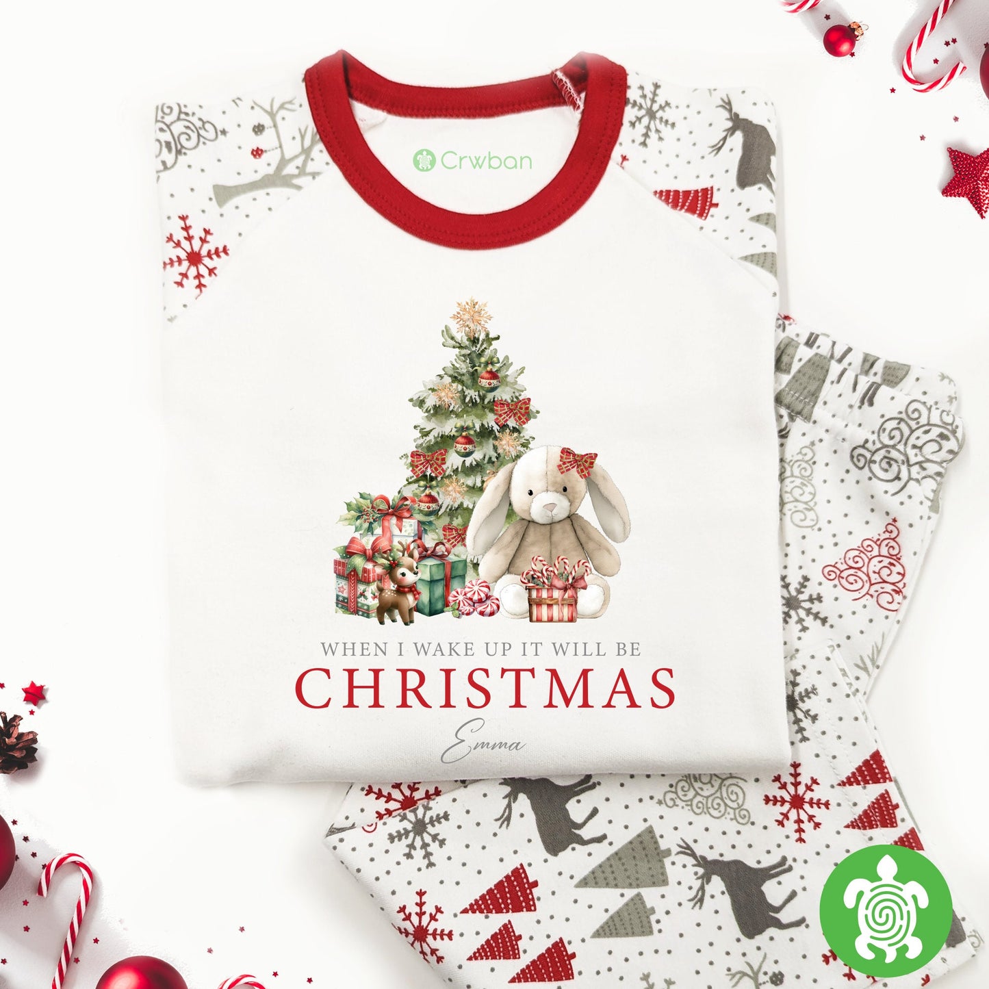 Luxury When I Wake Up It Will Be Christmas Christmas, Bunny Red Festive Pattern, Personalised XMas Eve Set, Tight-fitting style