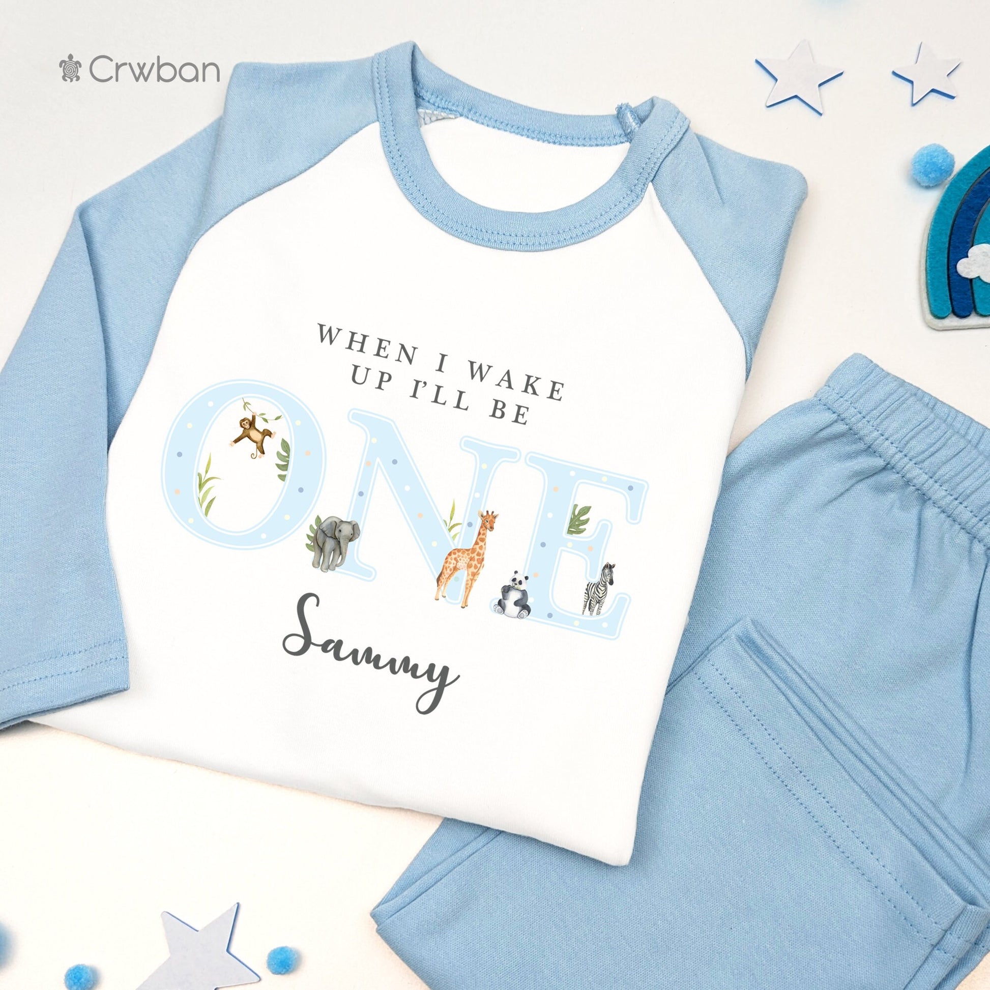 Safari Blue with Any Age Birthday Personalised Kids Outfit, Birthday Morning Set, Custom Name Cotton Clothing Set, Tight-fitting style