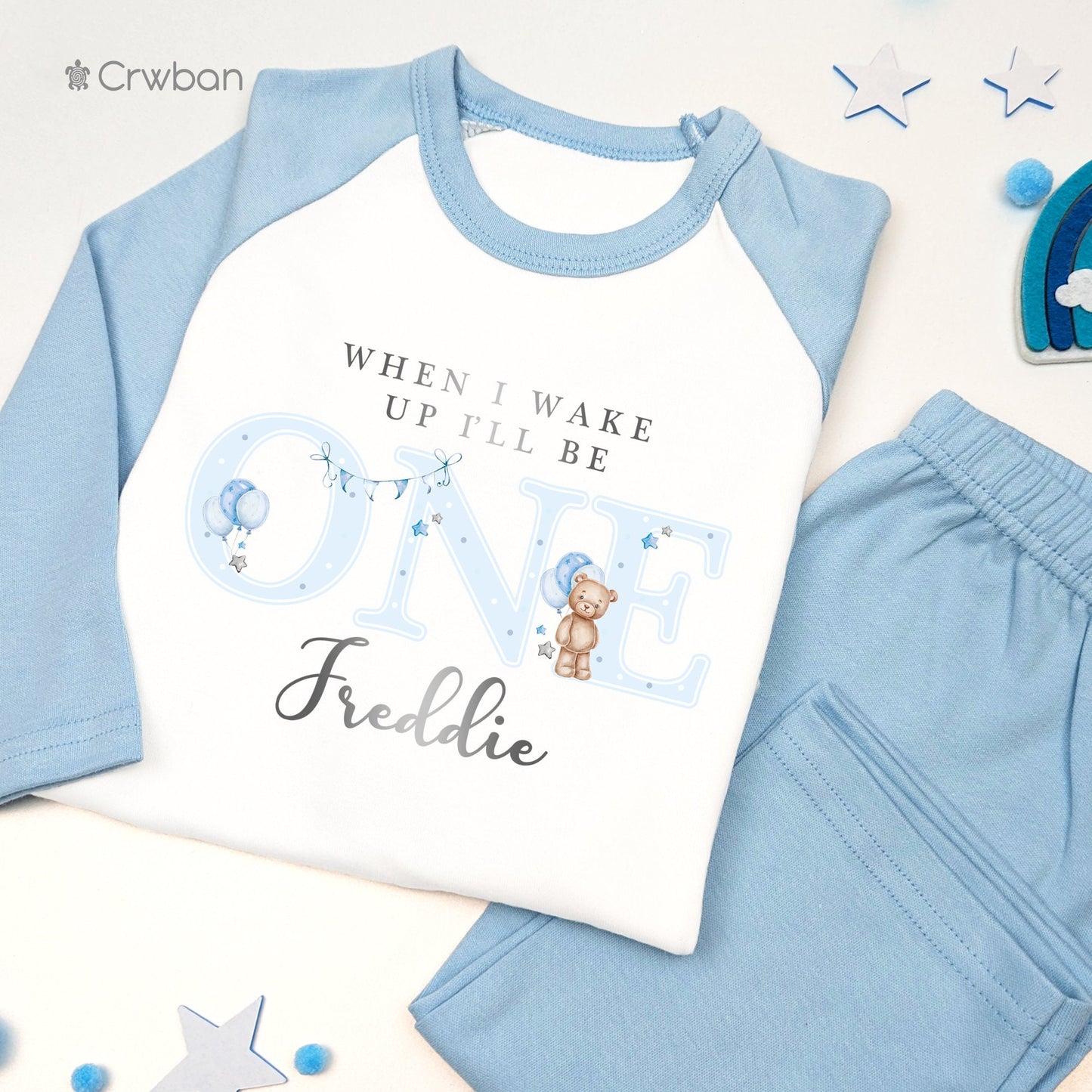 Blue Teddy Bear Personalised Any Age Birthday Pyjamas, When I Wake Up I'll Be, Kids Birthday Nightwear, Metallic Silver Print, Birthday Pj's