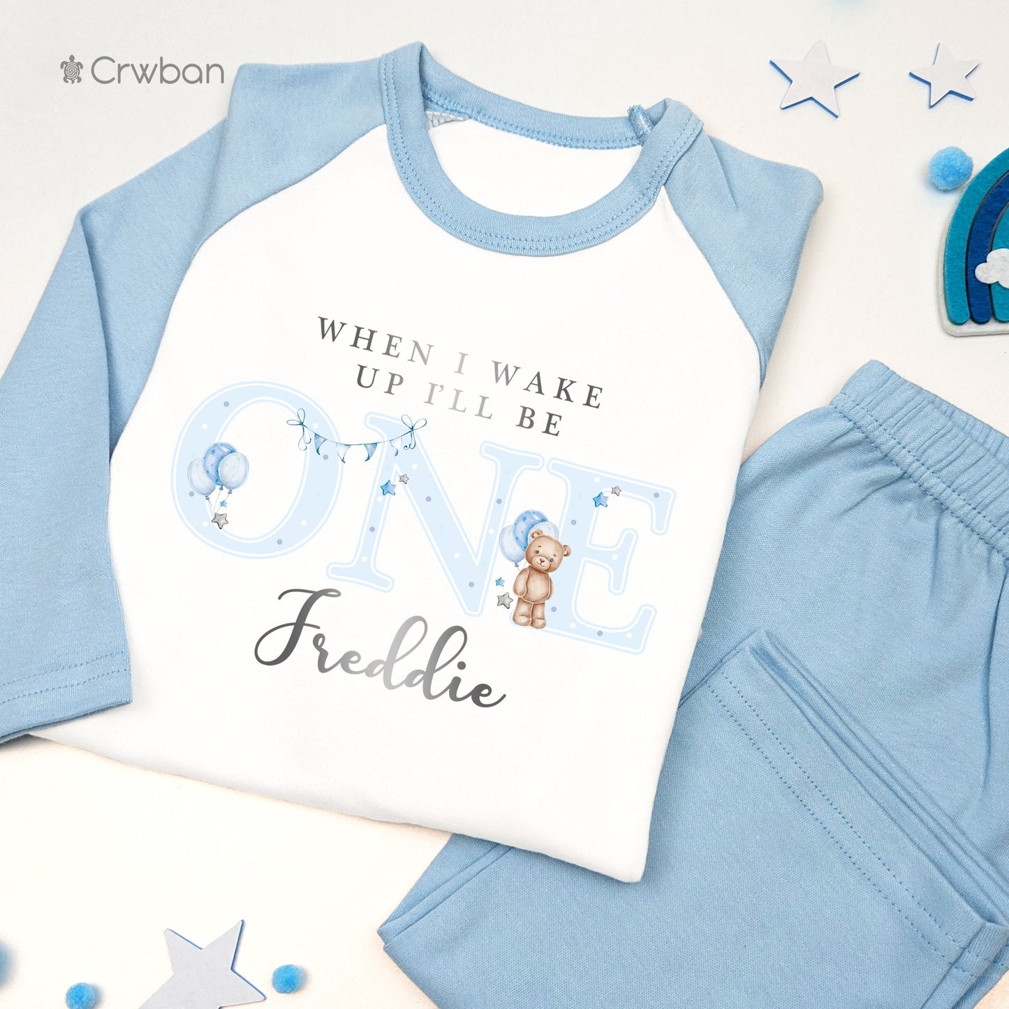 Blue Teddy Bear Any Age Personalised Kids Outfit, Birthday Morning Set, Custom Name Cotton Clothing Set Tight-fitting style, Metallic Silver