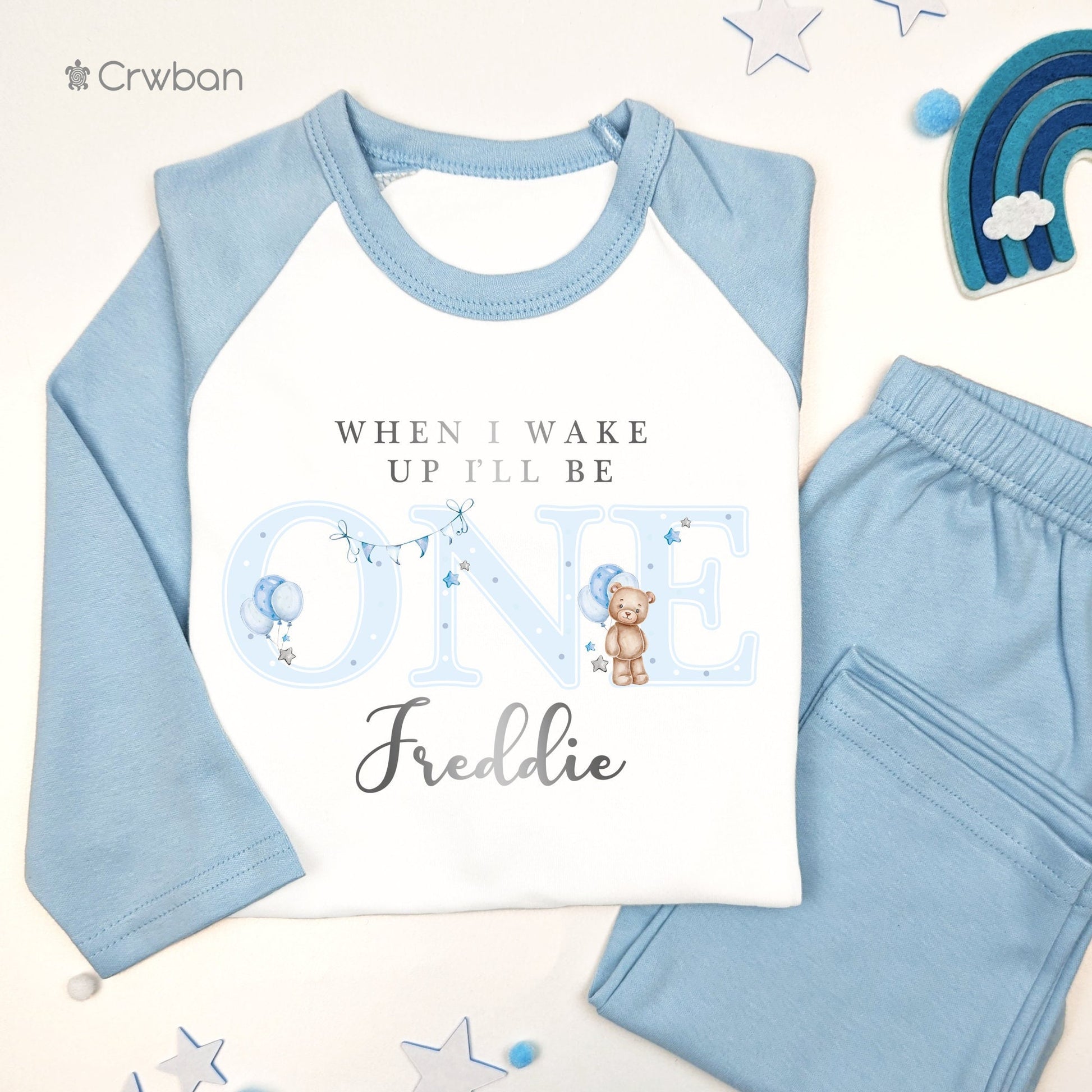Blue Teddy Bear Any Age Personalised Kids Outfit, Birthday Morning Set, Custom Name Cotton Clothing Set Tight-fitting style, Metallic Silver