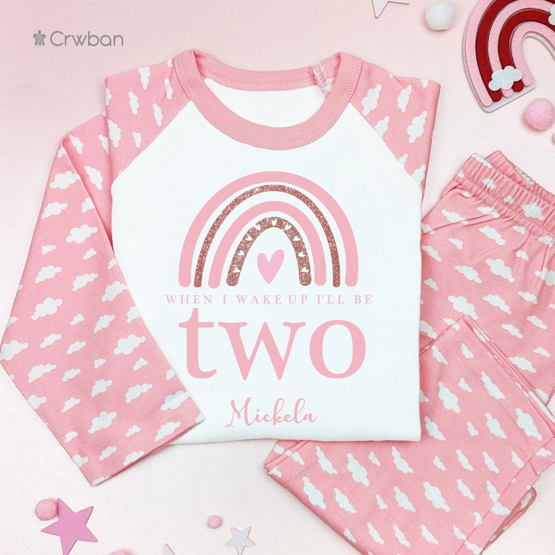 Pink Rainbow with Rose Gold Glitter Personalised Kids Outfit, Birthday Morning Set, Custom Name Cotton Clothing Set, Tight-fitting style